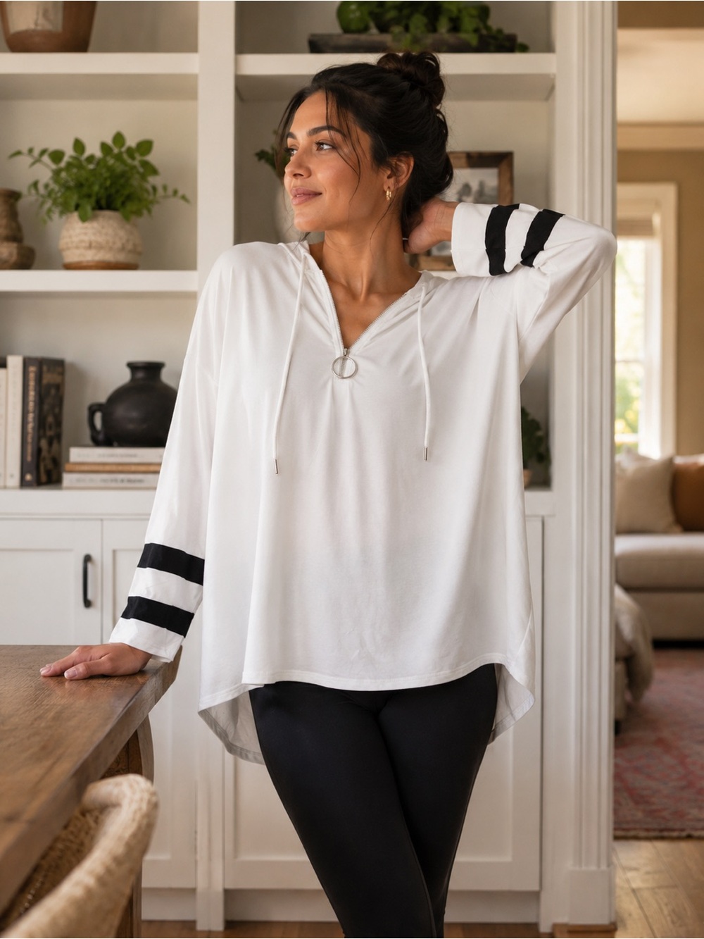 Women's White V-Neck Hoodie Top with Black Stripe Sleeves